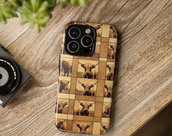 Vintage Highland Cow, Longhorn cow, Phone Case,| Farmhouse Country Cow Pattern iPhone Samsung Pixel