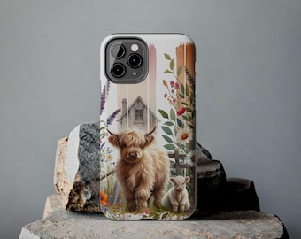 Floral Highland Cow Phone Case, Farmhouse Animal Lover Gift