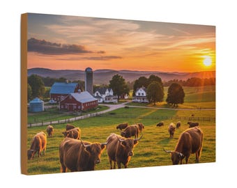 Highland Cattle Sunset Canvas 16x24, Stretched Satin Canvas Wall Art