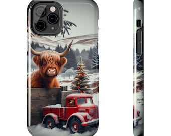 Highland Cow Winter Scene Phone Case, Christmas Red Truck