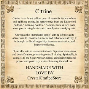 An ancient-style scroll featuring a description of Citrine’s properties, explaining its benefits for wealth, motivation, and chakra balance.