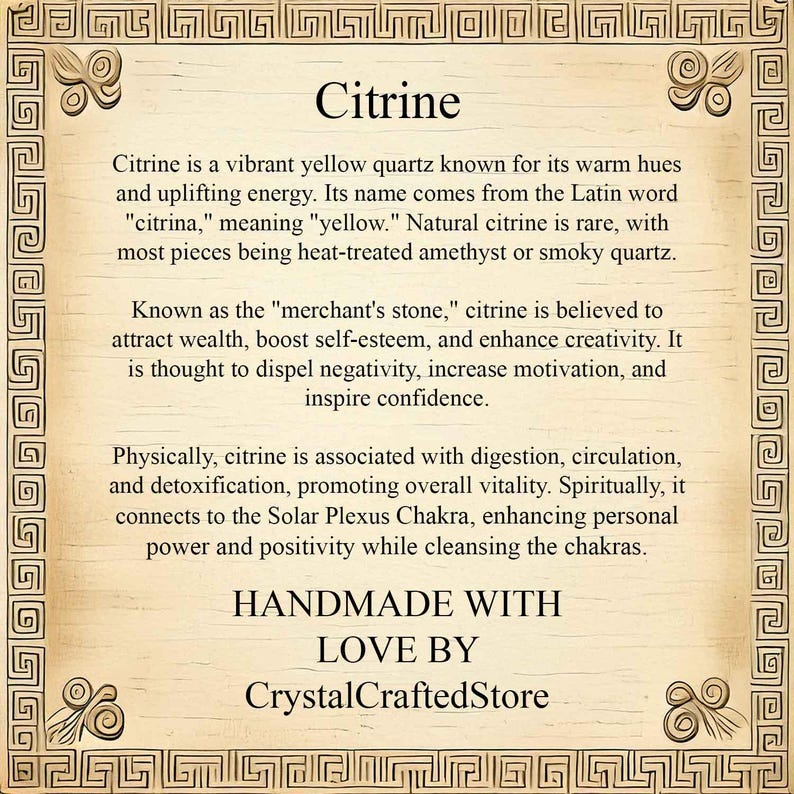 An ancient-style scroll featuring a description of Citrine’s properties, explaining its benefits for wealth, motivation, and chakra balance.