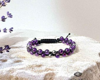 Pulsera minimalista de amatista: delicada joyería de cristal con cuentas dobles