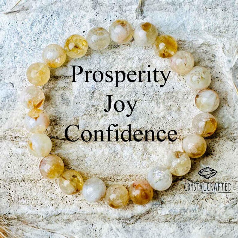 Close-up of the Citrine bracelet with the words "Prosperity, Joy, Confidence" overlaid, showcasing the bead's natural beauty.