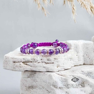 Amethyst Macrame Bracelet: Purple Crystal Gemstone, Adjustable Protection