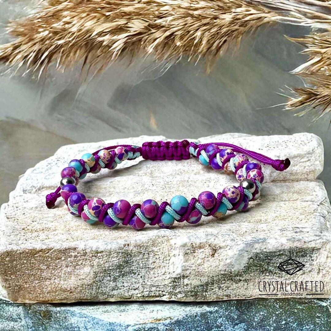 Bracciale Donna In Diaspro E Sedimenti Marini - Perle 10mm - Guarigione Reiki - Fatto A Mano USA