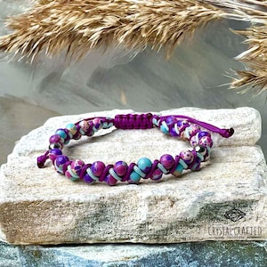 Natural Sea Sediment Jasper Bracelet – Purple Jasper Braided Healing Bracelet, Handmade Gemstone Jewelry, Beaded Gift for Her & Him.
