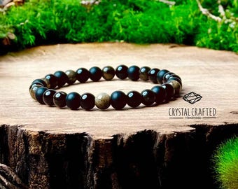 Triple Protection Bracelet - 6mm Black Tourmaline, Onyx & Gold Obsidian Stone Beaded Stretch Bracelet for Strength, Grounding and Energy