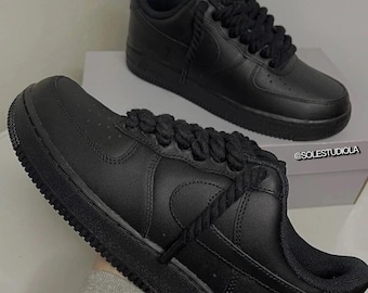 Benutzerdefinierte schwarze Air Force 1-Schuhe mit Seil-Schnürsenkeln, handgefertigte Unisex-Turnschuhe, trendige Streetwear-Schuhe, dicke Schnürsenkel AF1 Design