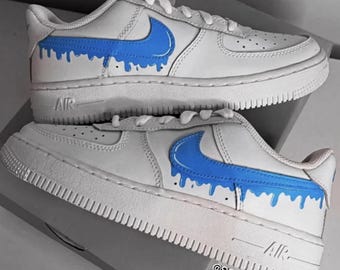 Custom Hand Painted Air Force 1 Sneakers with Blue Dripping Swoosh Logo, Unisex Custom Drippy Shoes, Personalized Customizable AF1