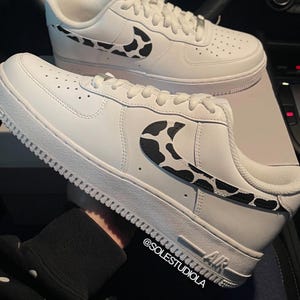 Custom Hand Painted Custom Air Force 1 Sneakers with Cow Print Swoosh, Animal Print Shoes, All sizes