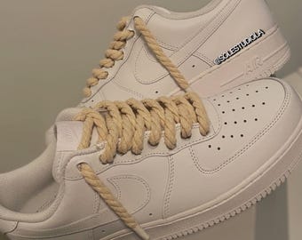 Custom Air Force 1 Shoes with Tan Rope Laces, Beige, Off White, Handmade Unisex Sneakers, Trendy Streetwear Shoes, Thick Laces AF1 Design