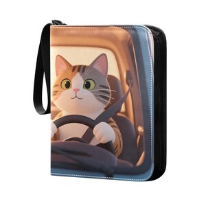 Cartoon cat driving car PU Leather Game Card Holder with 400-Pocket Organizer - Waterproof, Zipper Closure, 50-Leaf Design
