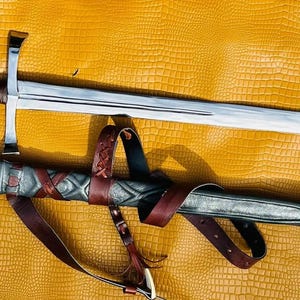 27" blade Double-Edged Viking Sword - Hand-Forged  - Full Tang Rosewood Handle - High Carbon Steel Blade - Leather Sheath - Gift for him