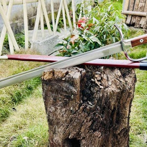Pode incluir: Uma espada de prata com cabo de madeira e bainha de couro vermelha. A espada está apoiada em um toco de árvore com grama verde no fundo.