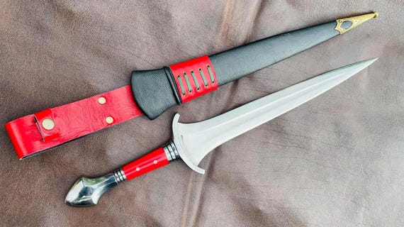 Hand-Forged Pippin Replica Sword: 15” Carbon Steel Blade, Red Stone Handle