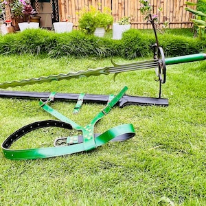 Op de afbeelding: Een groen en zilver zwaard met een zwarte schede en een groene leren riem op groen gras. Het zwaard heeft een lang, gekarteld lemmet en een groene handgreep. De riem heeft een zwart interieur.