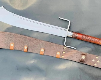 Handgesmeed 20-inch kapmes van koolstofstaal – handvat van palissander, leren schede