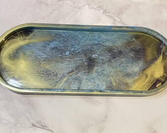 Handcrafted Resin Trinket Tray, Gold Accents, Decorative Serving Tray