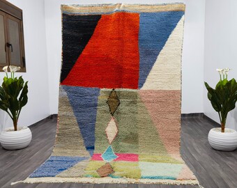 Handmade Wool Berber Rug, Bohemian Geometric Green Orange Rug