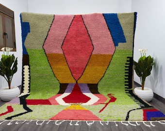 Handmade Multicolored Wool Berber Rug, Green Grass Design