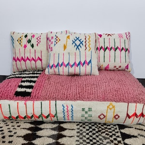 Unique Moroccan Sofa - 4 ft (120x60x20 cm) Unstuffed Long Pink Floor Cushion + 2 Back Pillows + Small Pillow .