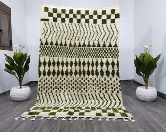 Handmade Green Beni Ourain Wool Rug, Bohemian Style
