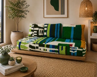Moroccan Sofa - 6 ft (180x60x20 cm) Unstuffed Long Green Floor Cushion + 3 Back Pillows .