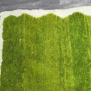 May include: A green shag rug with a white border. The rug has a wavy edge and a textured surface.