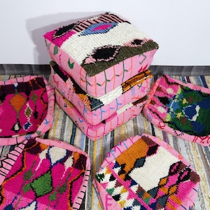 Set of 2 Moroccan Kilim Pouf, Outdoor Kilim Pillow Cover, Floor Pouf, Vintage Moroccan Ottoman, BeniOurain Square Pouf, Meditation Cushion .