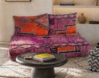 Moroccan Sofa - 4 ft (120x60x20 cm) Unstuffed Long Floor Cushion + 2 Back Pillows (60x40 cm)