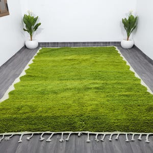 May include: A green shag rug with a white fringe border. The rug has a wavy pattern and is made of soft, fluffy fibers.