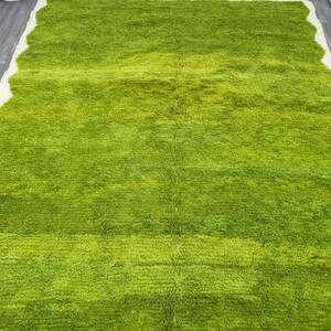 May include: A green shag rug with a wavy edge. The rug has a light green color in the center and a darker green color around the edges.