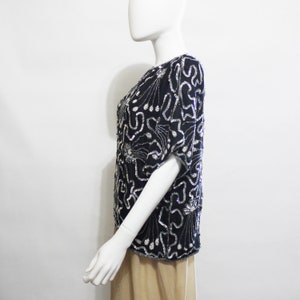 Sequins and beads Silk blouse. Black and silver silk top.  Party sparkle top