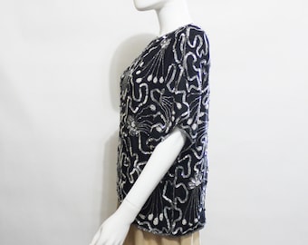 Sequins and beads Silk blouse. Black and silver silk top.  Party sparkle top