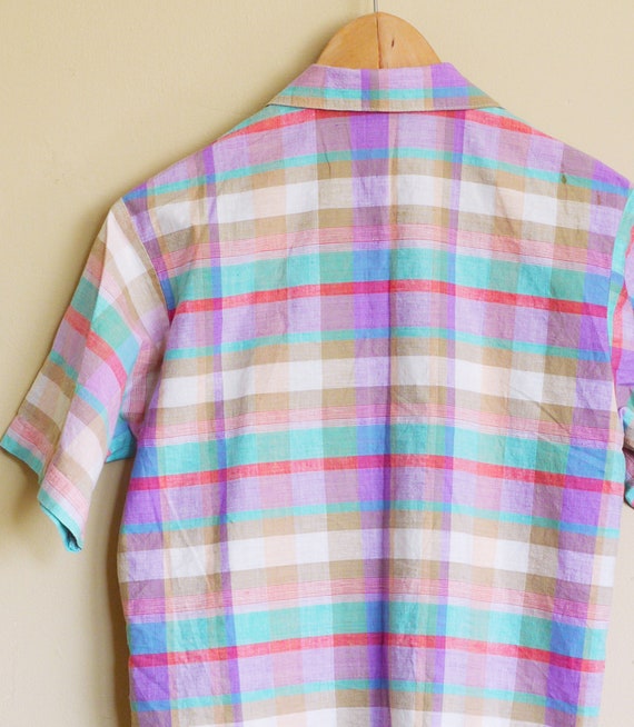 80s Plaid button down shirt.  Spring pastel color… - image 3