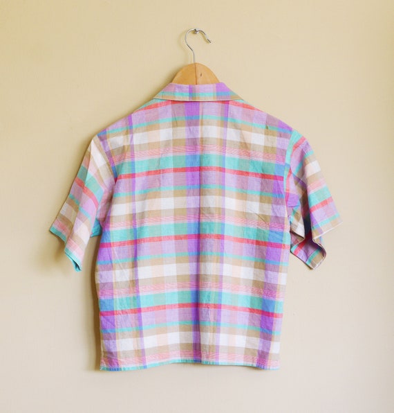 80s Plaid button down shirt.  Spring pastel color… - image 2