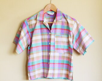 80s Plaid button down shirt.  Spring pastel color cropped shirt.