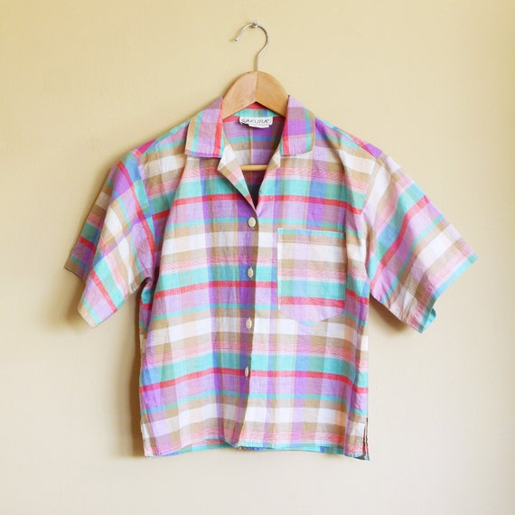 80s Plaid button down shirt.  Spring pastel color… - image 1