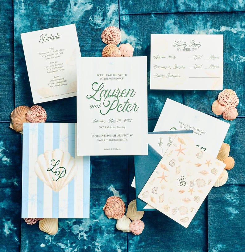 Watercolor Nautical Seashell Printable Wedding Invitation Bundle Canva ...