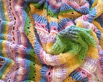 AFGHAN, 40" square, Textured  Pastel pink green blue yellow Hand crocheted by GrammasTreasure, Machine wash /dry, baby / lap / senior / tot