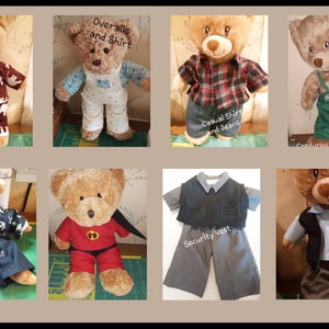 Puede incluir: Una colección de ocho imágenes que muestran osos de peluche y un mono vestidos con varios conjuntos, incluyendo pijamas de forro polar, petos, una camisa de cuadros con vaqueros, pantalones de pana verdes, una chaqueta naval y un chaleco de seguridad.