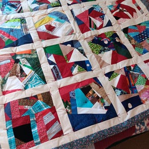 QUILT Wonky Squares bordered in White with maroon background, Handcrafted, 72" x 76", Twin Size
