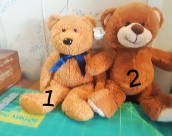 2 Stuffed TEDDY BEARS, Beaded Eyes, Embroidered Nose, 13"-14", Ty Beanie Baby Fuzz, Beaded Eyes,