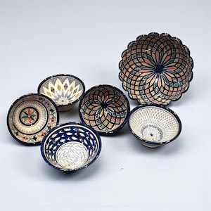 6 Piece Hand-Painted Moroccan Ceramic Bowls Set – 1 Large & 5 Small – Traditional Geometric Design by Artisanal Moroco