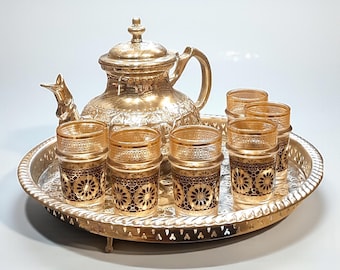 Moroccan Silver Tea Set with Tray and 6 Glasses | Handmade Traditional Tea Service | Artisanal Morocco