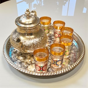 Auténtico juego de té marroquí de plata con bandeja y 6 vasos pintados a mano | Servicio de té tradicional marroquí