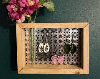 Wood and Metal Earring Holder with Glass Bud Vase, Jewelry Holder, Tabletop Earring Organizer, Propagation Vase, Earring Storage