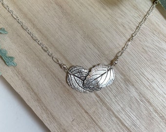 Double Silver Leaf on Chain Necklace, Tiny Leaves Pendant, Sterling Botanical Jewelry, Woodland Accessories, Mother of Two Gift