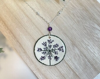 Purple Queen Anne's Lace Pendant on Chain Necklace, Floral Necklace, Pressed Flower Jewelry, Wild Flower Necklace